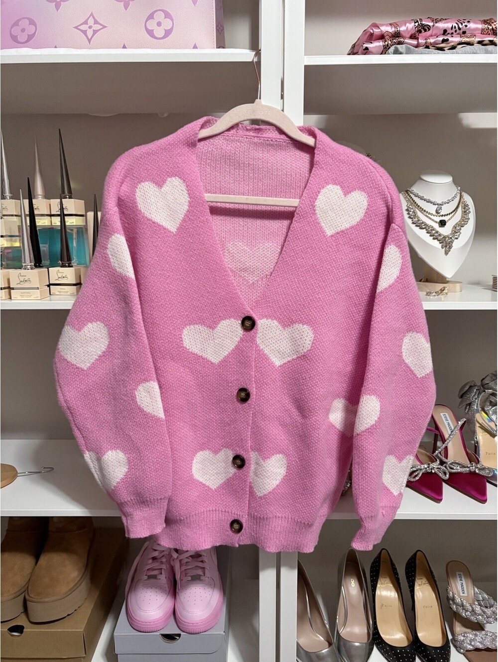 Pink Hearts Sweater Cardigan - Womens Size Medium M